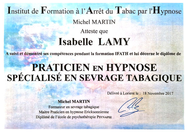Diplôme en hypnose pour l'arrêt du tabac - Isabelle LAMY, Bretagne