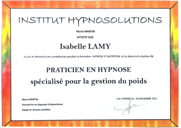 Diplôme en hypnose, spécialisé dans la gestion du poids - Isabelle LAMY, Rennes Saint-Malo